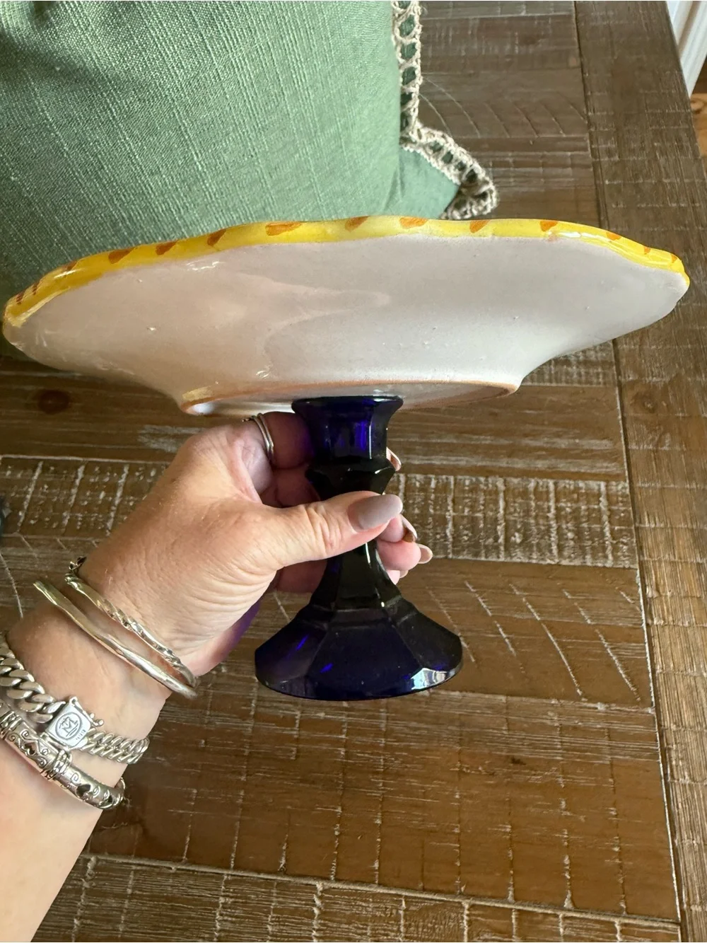 Hand Painted Italian Majolica Plate on Cobalt Blue Glass Pedestal Stand